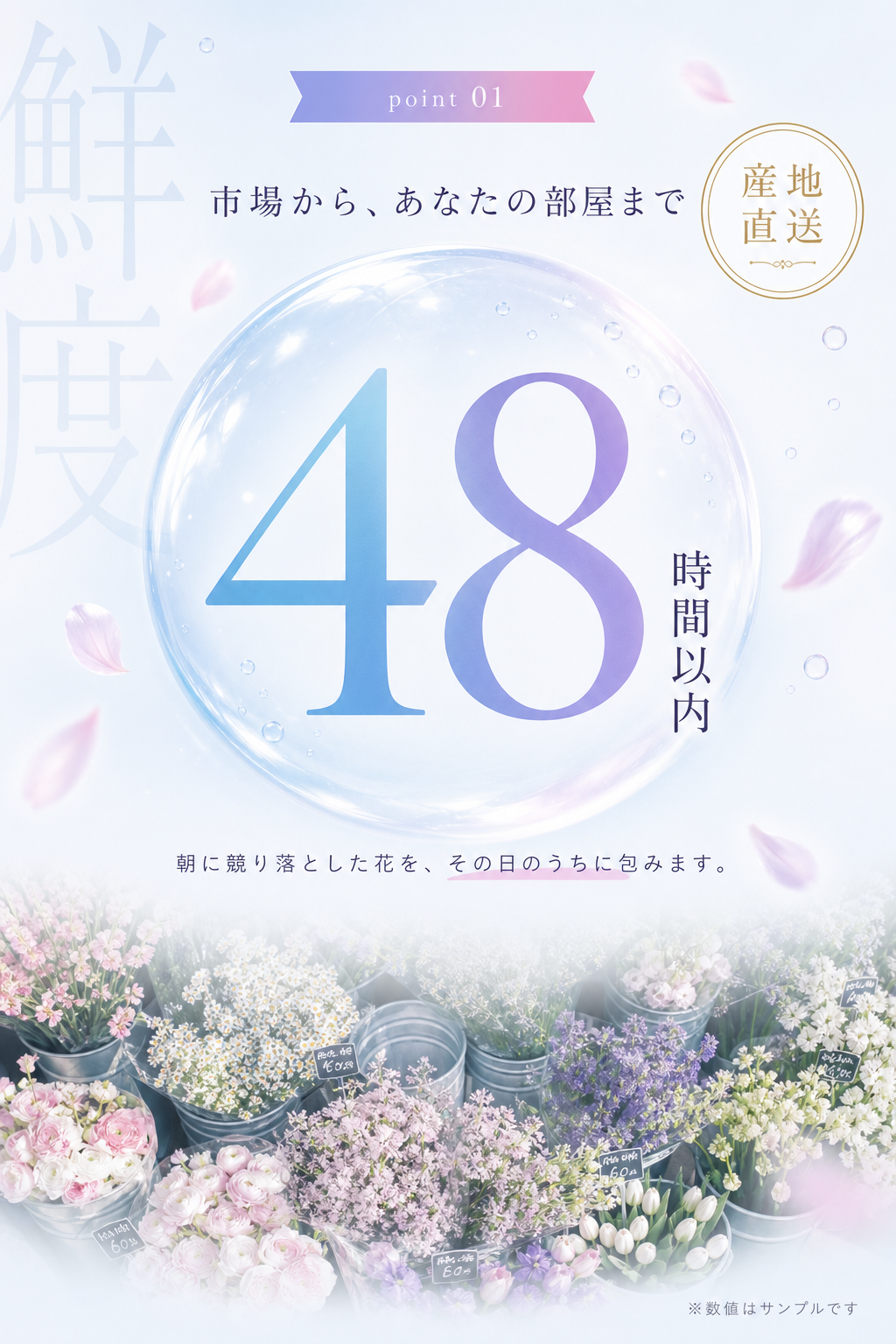 point 01 鮮度：市場から、あなたの部屋まで48時間以内。朝に競り落とした花を、その日のうちに包みます